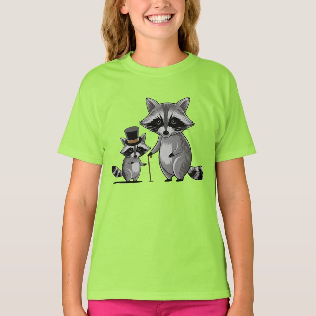 Camiseta Pai raccoon com seu filho jovem aprendendo música (Frente)