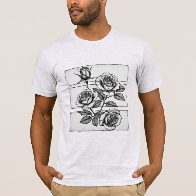 Camiseta Painel Botânico com Esboço Intricado de Rosa Tripl (Frente)