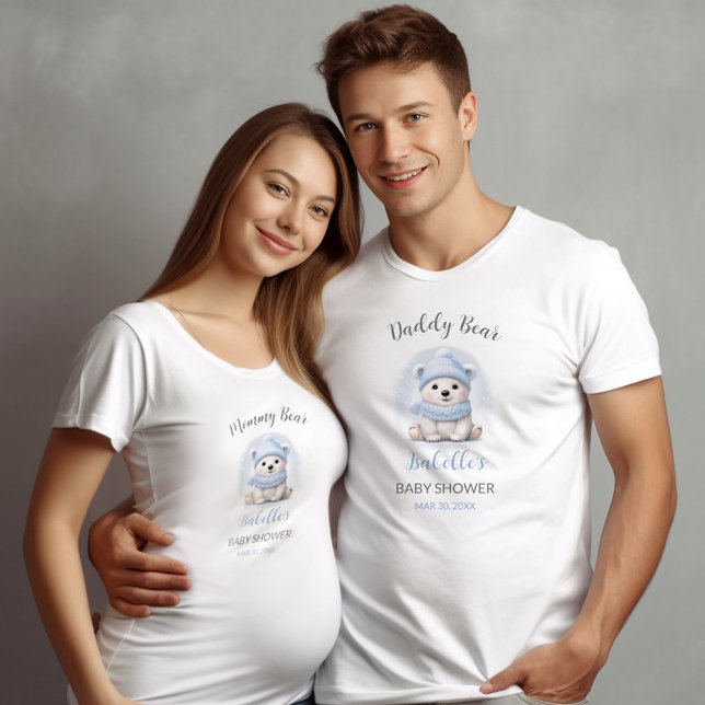 Camiseta Pais Chás de fraldas do Ouvido Polar Azul (Blue Polar Bear Winter Boy Baby Shower Parents T-Shirt)