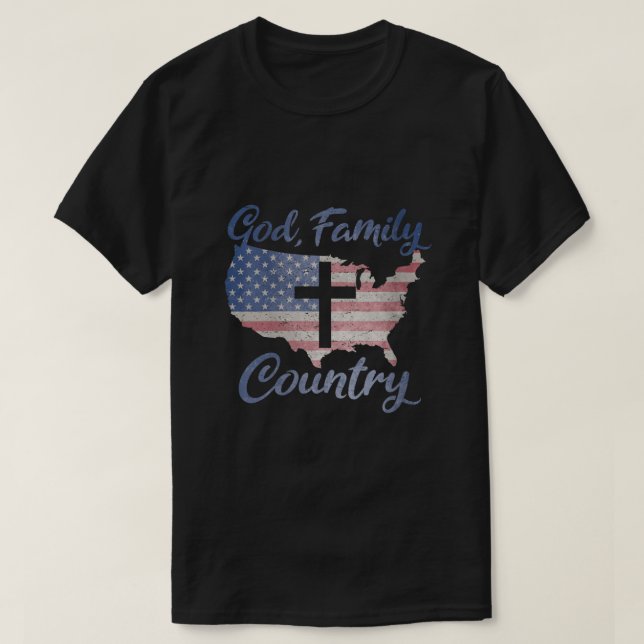 Camiseta PAÍS DA FAMÍLIA DE DEUS: Christian Cross American  (Frente do Design)