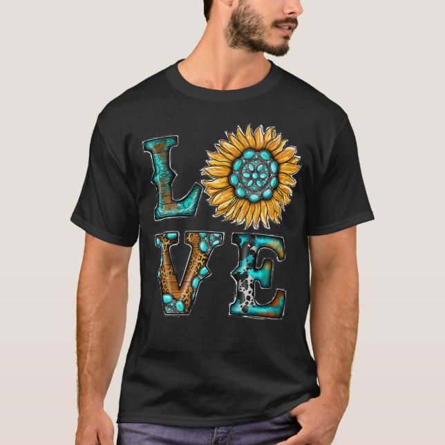 Camiseta País Ocidental Boho Turquoise Amor Girassol (Frente)
