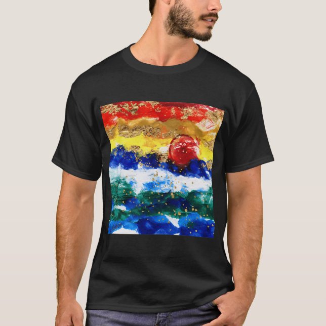 Camiseta Paisagem Abstrata de Mar Cenário Arco-íris Sol Poe (Frente)