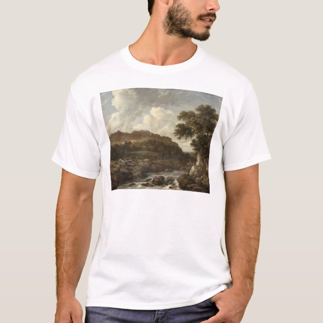 Camiseta Paisagem arborizada montanhosa com uma torrente (Frente)