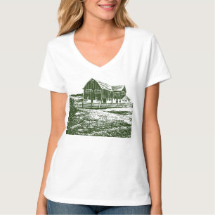 Camiseta Paisagem de campo com recortes de madeira casa de