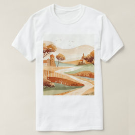 Camiseta paisagem de colinas com casas pequenas