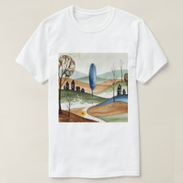Camiseta paisagem de colinas com pequenas casas