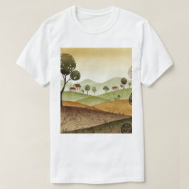 Camiseta paisagem de colinas com pequenas casas