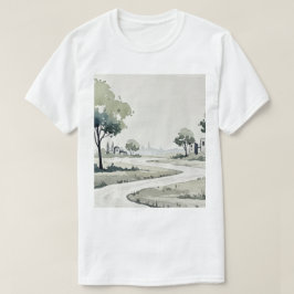 Camiseta paisagem de colinas com pequenas casas