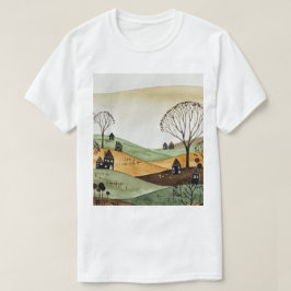 Camiseta paisagem de colinas com pequenas casas