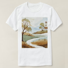 Camiseta paisagem de colinas com pequenas casas