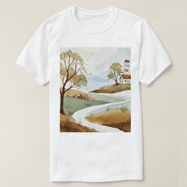 Camiseta paisagem de colinas com pequenas casas (Frente do Design)