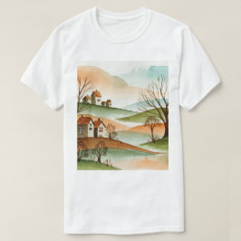 Camiseta paisagem de colinas com pequenas casas