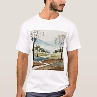 Camiseta paisagem de colinas com pequenas casas