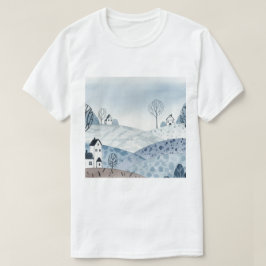 Camiseta paisagem de colinas com pequenas casas
