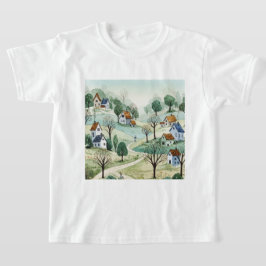 Camiseta paisagem de colinas com pequenas casas
