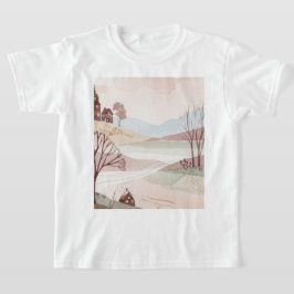 Camiseta paisagem de colinas com pequenas casas