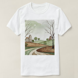 Camiseta paisagem de colinas com pequenas casas