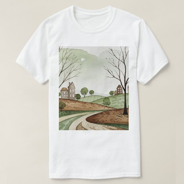 Camiseta paisagem de colinas com pequenas casas (Frente do Design)