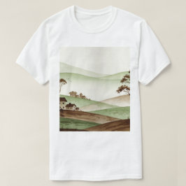 Camiseta paisagem de colinas com pequenas casas
