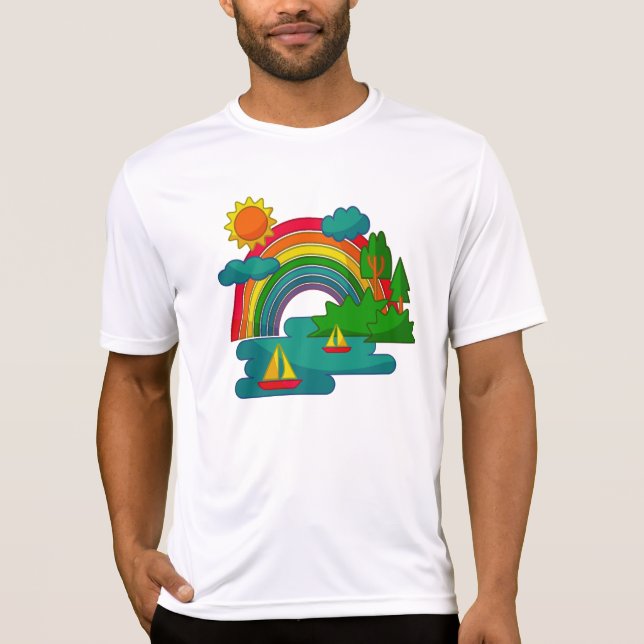 Camiseta Paisagem de viagem de barco sob nuvens solares e a (Frente)