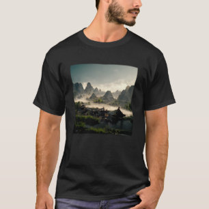 Camiseta Paisagem de Vila Chinesa Relística Montanha Octan