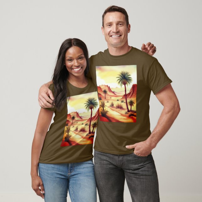 Camiseta Paisagem do Deserto com Palmas de Data (Unissex)
