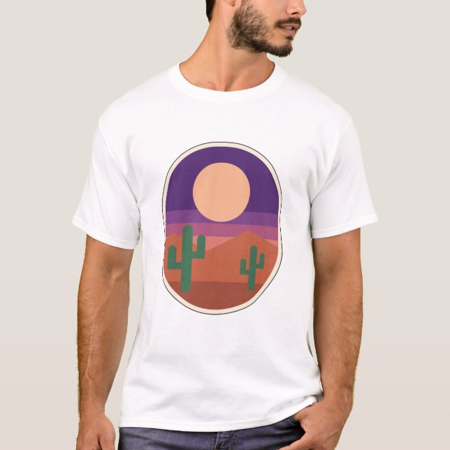 Camiseta Paisagem do Deserto Retro Cacto Sudoeste Lua (Frente)