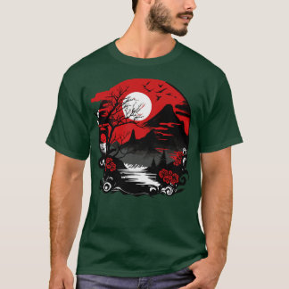 Camiseta paisagem do japão com flores de montanha e sol ver