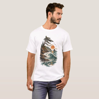 Camiseta Paisagem do Pôr do Sol da Onda Costeira