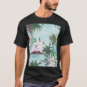 Camiseta Paisagem Havaiana Flamingo Watercolor Padrão