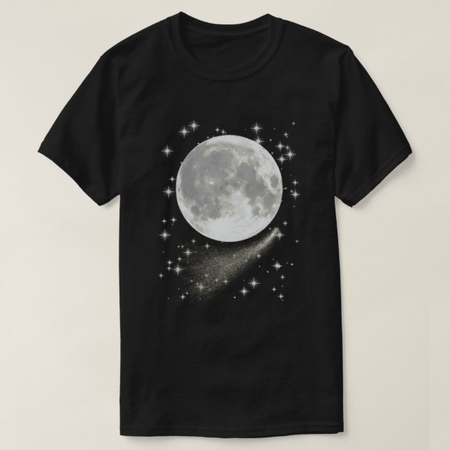 Camiseta Paisagem lunar com Lua Cheia, Estrelas e Cometa (Frente do Design)