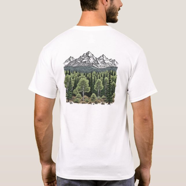 Camiseta Paisagem Montanha Desenhada à Mão Natureza e Forte (Verso)