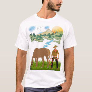 Camiseta Paisagem montanhosa de vaqueiro e cavalo pastando
