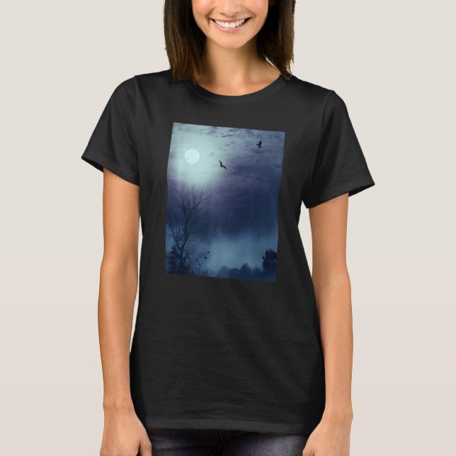 Camiseta Paisagem Natural De Foggg Lua Inteira E Morcegos (Frente)