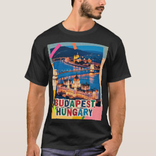 Camiseta Paisagem Noturna de Budapeste Hungria Colagem Pop 