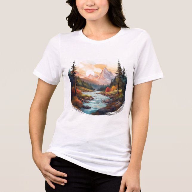Camiseta Paisagem Serene Mountain com Rio Fluente (Frente)