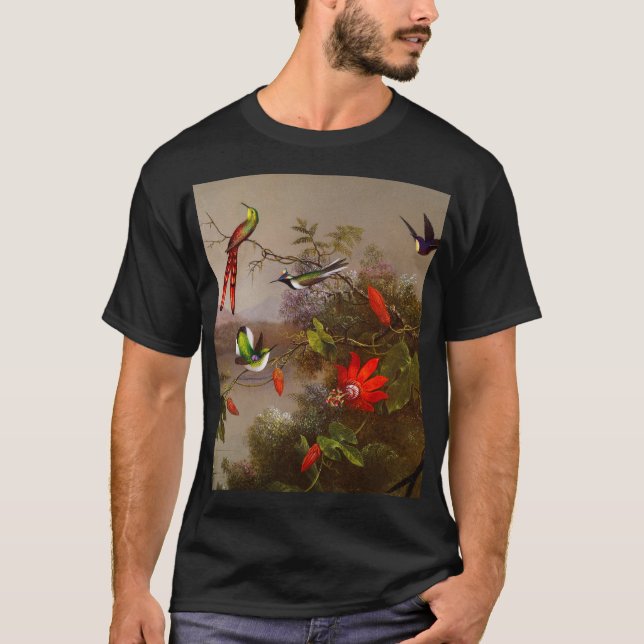 Camiseta Paisagem tropical com dez beija-flores (Frente)
