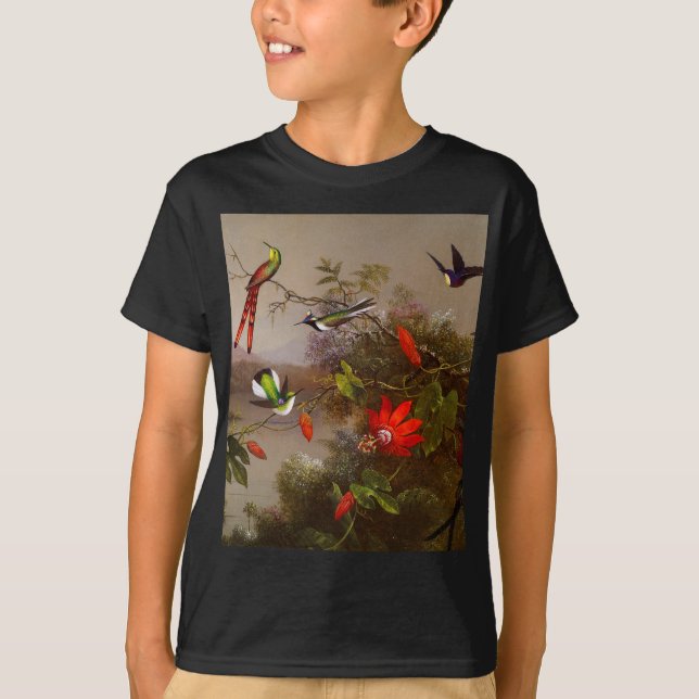 Camiseta Paisagem tropical com dez beija-flores (Frente)