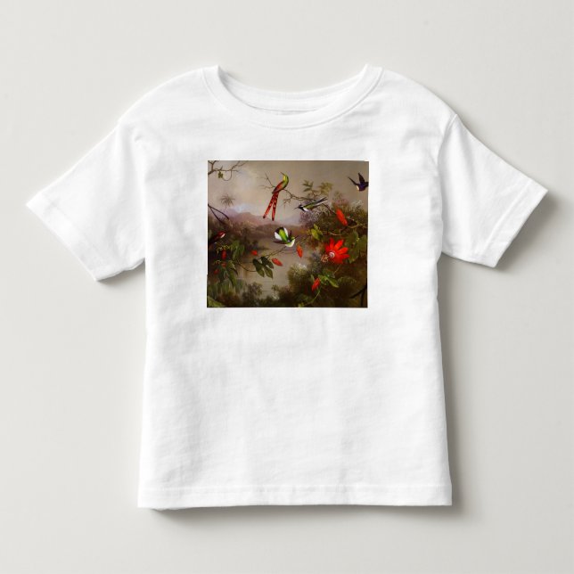 Camiseta Paisagem tropical com dez beija-flores (Frente)