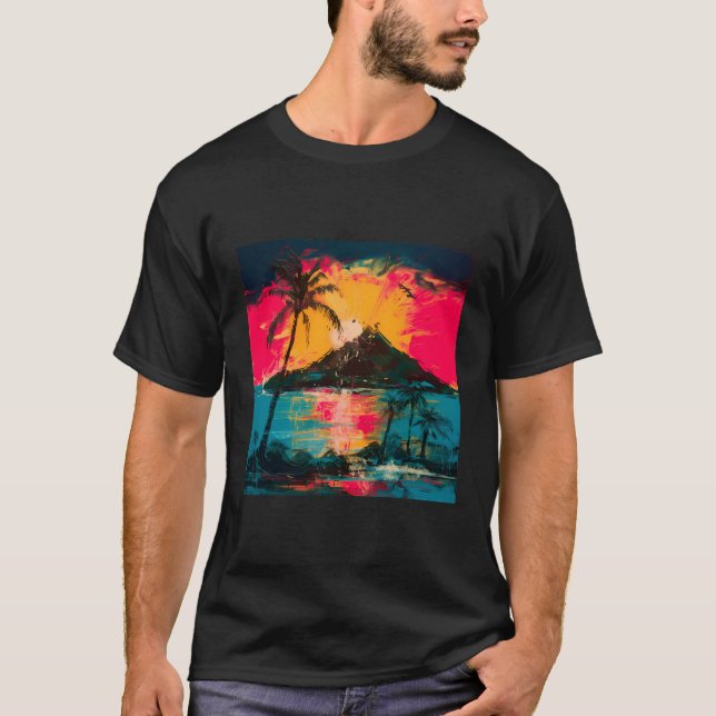 Camiseta Paisagem Tropical Palmeiras Árvores Na moda Sol (Frente)