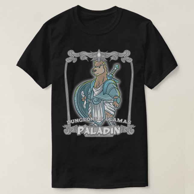 Camiseta Paladin Dungeons e Llamas Nerd Llama Geek RPG Di (Frente do Design)