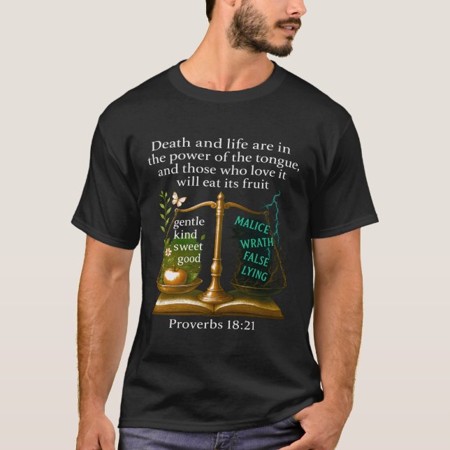 Camiseta Palavras têm poder — Provérbios 18:21 Bíblia crist (Frente)