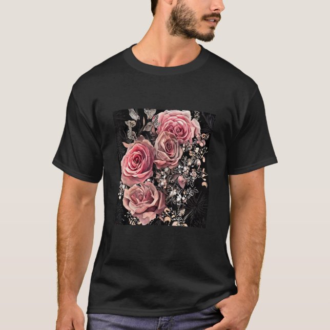 Camiseta Pale Pink Roses with Delicate Vines Rustic Floral (Frente)