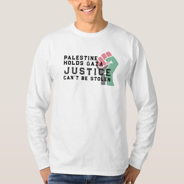 Camiseta Palestina segura Gaza - Justiça não será roubada (Frente)