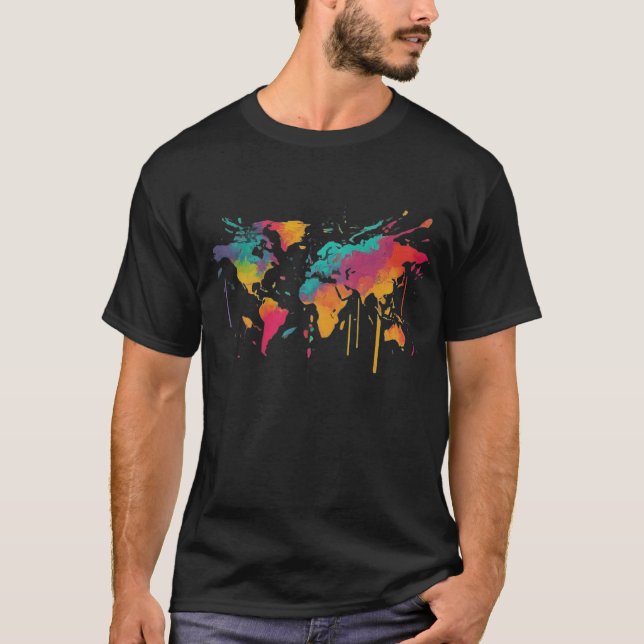 Camiseta Paleta Global: Impressão do Mapa Mundial Multicolo (Frente)
