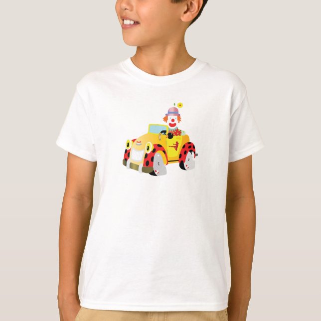 Camiseta palhaço alegre dirige um carro amarelo (Frente)