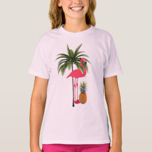 Camiseta Palm Tree, Flamingo Rosa, Camisa-T da Menina de An