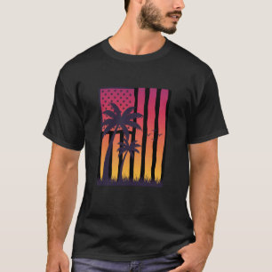 Camiseta Palmeira de Praia Pôr do Sol Bandeira Americana In