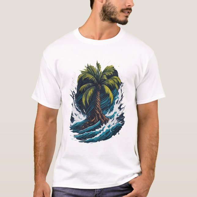 Camiseta Palmeira em estilo de pintura com onda marítima (Frente)