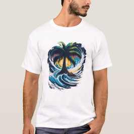 Camiseta Palmeira em estilo de pintura com onda marítima